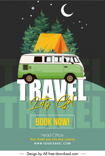 Camping Travel Poster Classic Bus Tent Moon Sketch