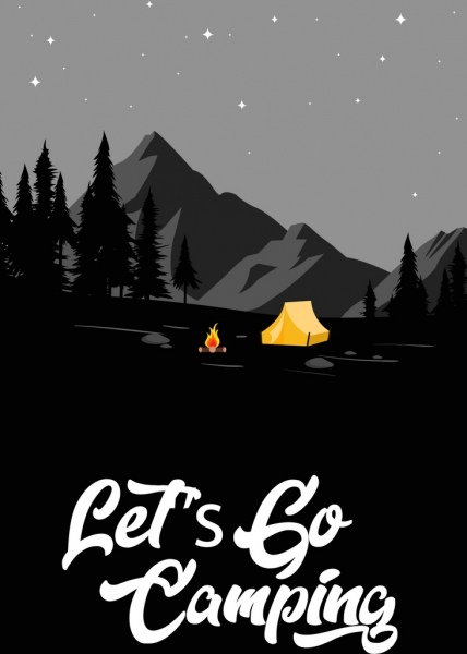 露营旅行横幅帐篷篝火夜星图标