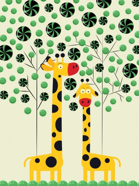 fumetto colorato alberi giraffa icone di base di caramelle