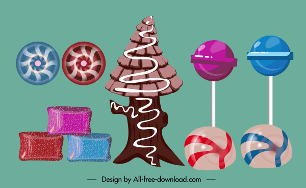 Süßigkeiten Symbole bunte klassische Formen flache Skizze