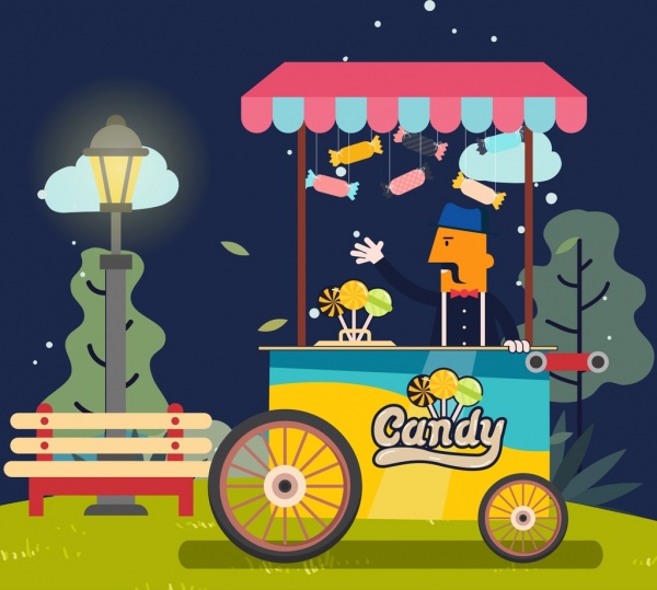 Candy-Verkauf Mann Push Cart Symbole zeichnen