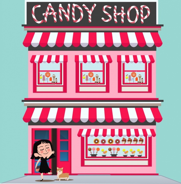 personaje de dibujos animados de tienda fachada decoración diseño rosado del caramelo