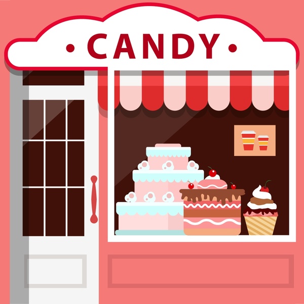 Candy Shop Fassadengestaltung mit verschiedenen Kuchen-Anzeige