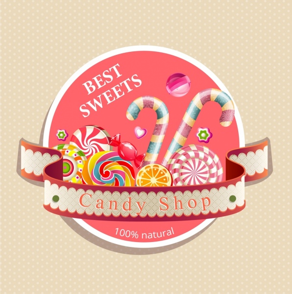 logotipo de loja de doces multicolorido design 3d fita decoração
