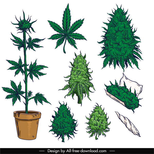 elementos de diseño de cigarrillos de cannabis bosquejo de hojas de árbol
