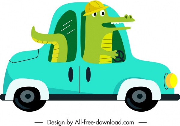 ikon mobil sketsa pengemudi buaya kartun lucu