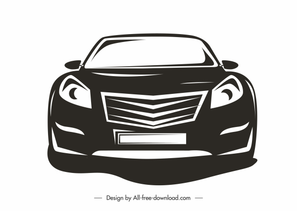 ícone do carro vista frontal esboço silhueta branca preta