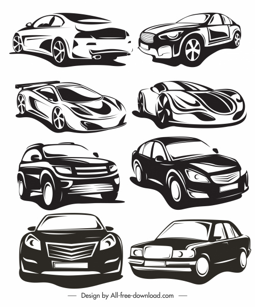 ícones de modos de carro preto branco 3d esboço desenhado à mão