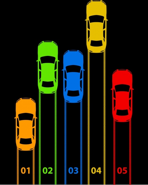Carrera de coches de fondo la silueta oscura de colorido diseño de iconos