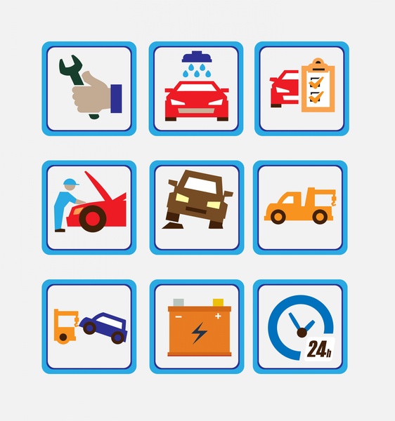 автомобиль службы иконки, изолированных в квадратных символов
