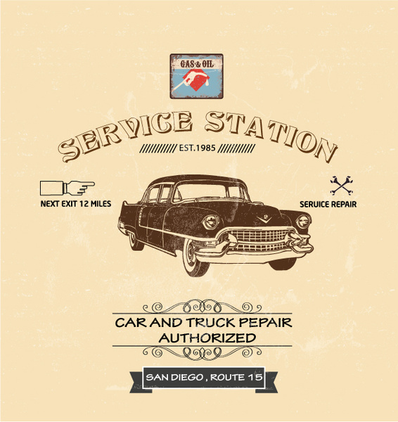 design de cartaz de estação de serviço automóvel em estilo vintage