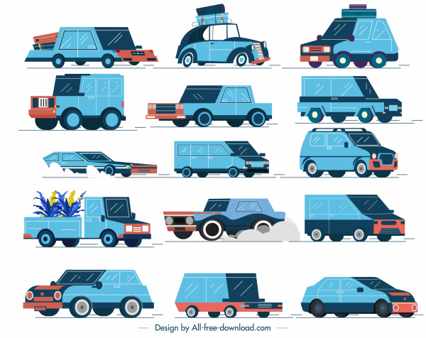 ikony pojazdów samochodowych kolorowy klasyczny szkic 3D