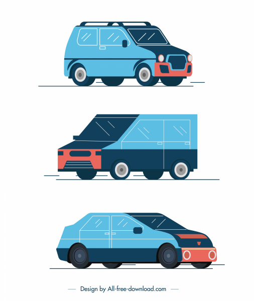 iconos de vehículos de coche sedan van sketch diseño clásico