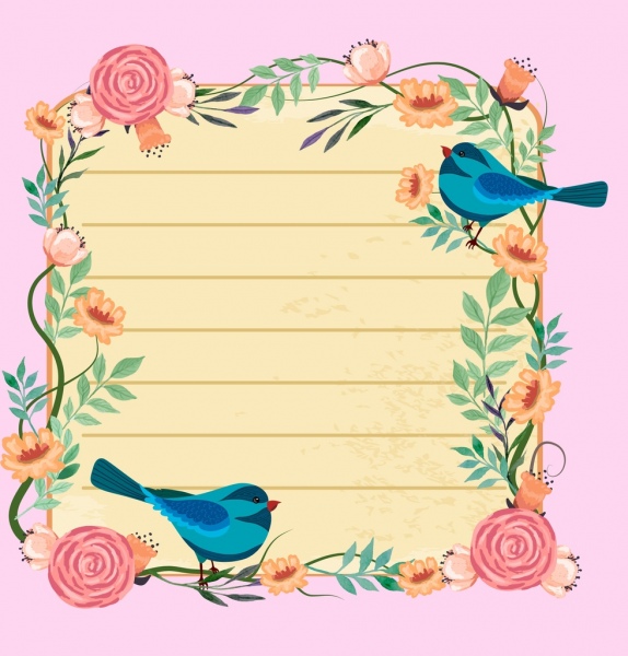 Card Border Template Flowers Birds Icons Decoration