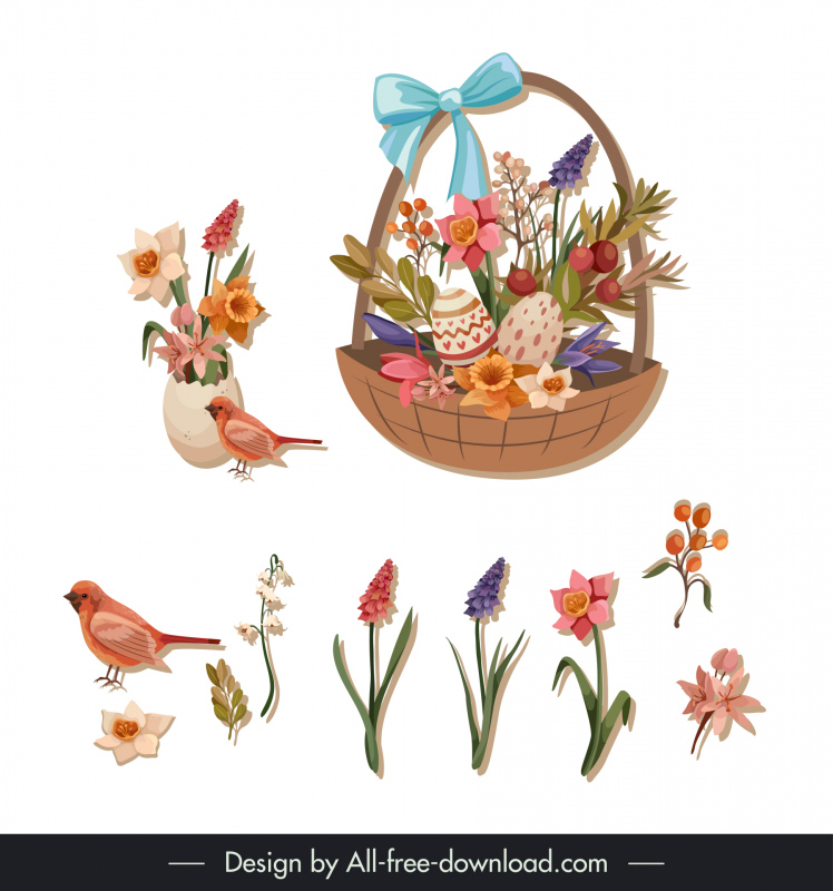 элементы дизайна открытки, элегантные цветы, птицы, яйца, эскиз