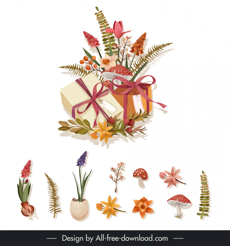 kart tasarım elemanları zarif çiçekler hediyeler doğa öğeleri eskiz
