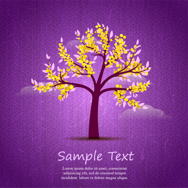 design de cartão com árvore de flor em fundo violeta