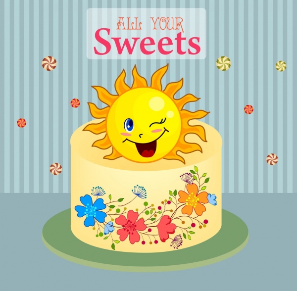 bolo de modelo de cartão estilizada sol ícones flores decoração