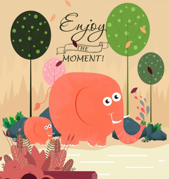 Tarjeta plantilla elefante árboles decoración dibujos animados diseño diseño