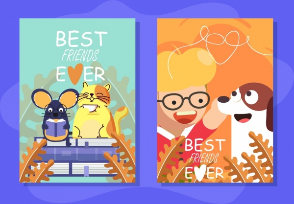 icônes de carte modèles amitié thème animaux humain