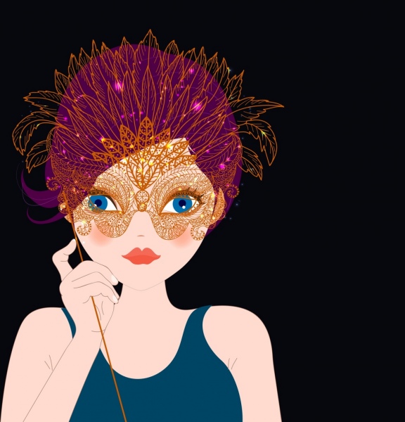 ícones de rosto de mulher máscara de penas carnaval pintura clássica
