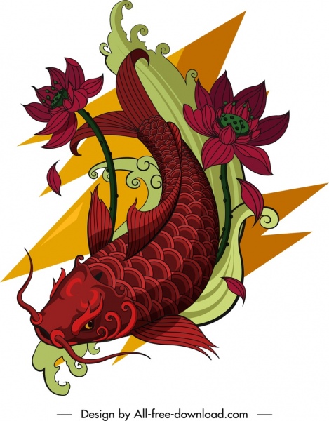 ikon ikan mas lotus dekorasi sketsa tato berwarna