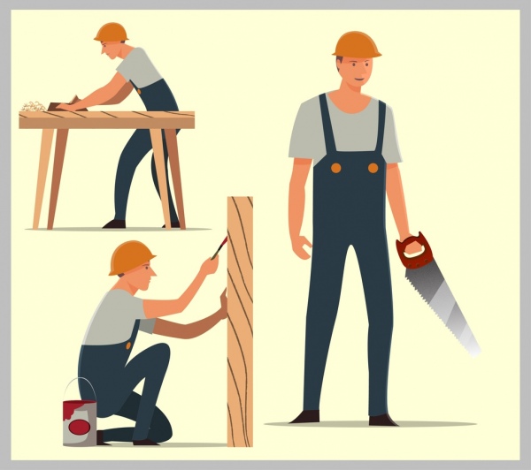 carpenter icone di lavoro diversi gesti isolamento icona maschile