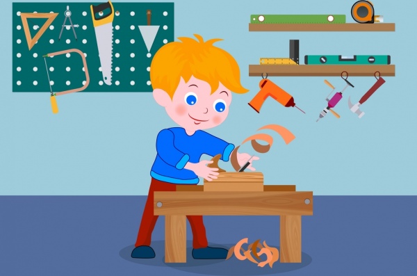 garoto brincalhão de carpintaria fundo ferramentas desenho animado colorido ícone