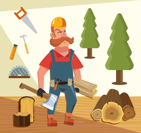 Tischlerei Job Hintergrund Mann Werkzeug Symbole farbige cartoon