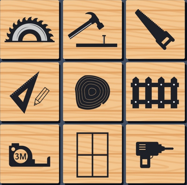 Herramientas de diseño de iconos de carpinteria aislamiento silueta plana