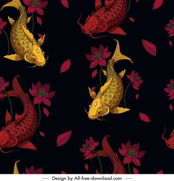 鲤鱼背景深金色红色装饰重复设计