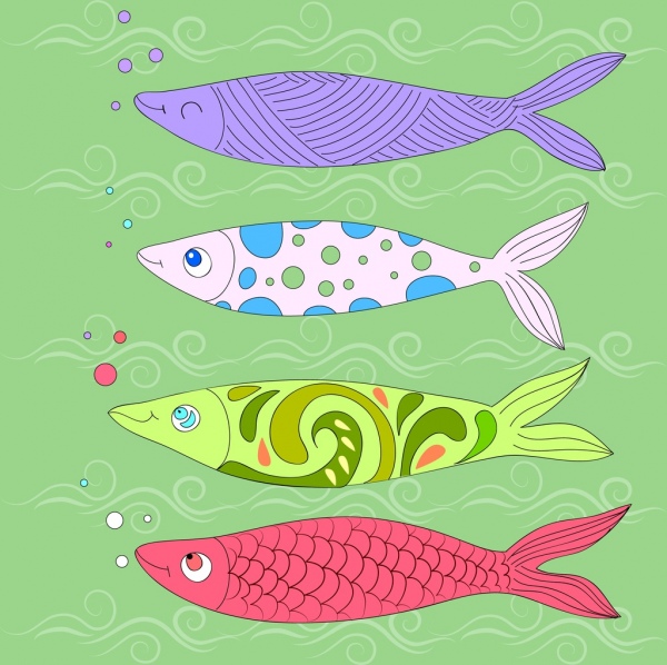 鲤鱼画五颜六色的图标古典设计