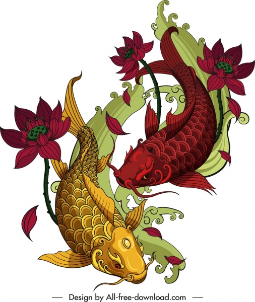 鲤鱼绘画五颜六色的古典东方装饰