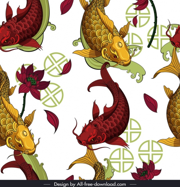 鲤鱼图案五颜六色的东方装饰重复素描