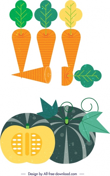 Karotte Kürbis Gemüse Icons farbiges Retro geschnittenes Design