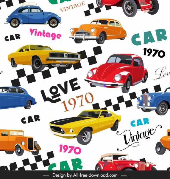 Autos Sammlung Muster 1970 zehn Jahre Vintage Modelle Dekor