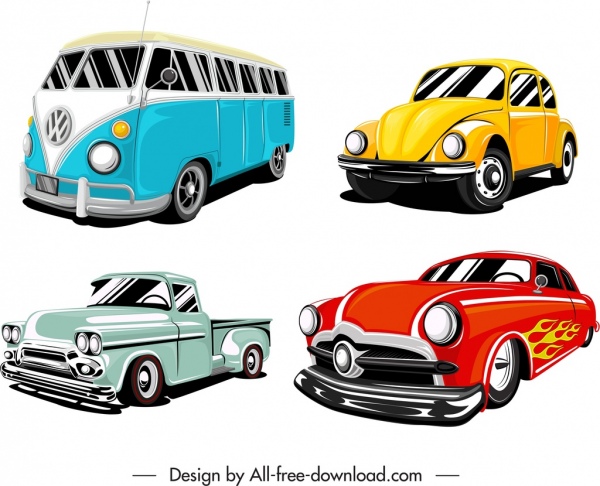 carros ícones modelos coloridos esboço 3d