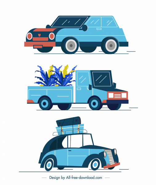 modele samochodów ikony kolorowe klasyczny szkic