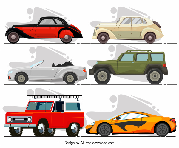 modelos carros ícones coloridos esboço clássico moderno