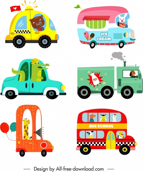 voitures, véhicules, icônes, mignon, dessin animé, croquis, flat design