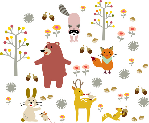 conjunto de árvores e animais dos desenhos animados