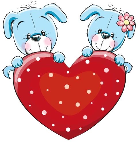 kartun hewan dengan hati romantis kartu vektor