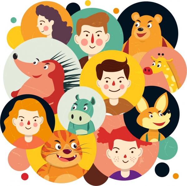desenhos animados personagens ícones de avatares humanos animais
