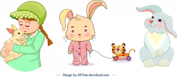 Мультфильм символов иконки Девушка кролик малыша символы декор