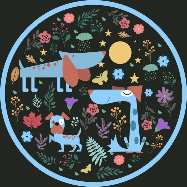 cartone animato - sfondo cani fiori decorazione cerchio stile