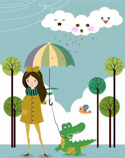 desenhos animados sonho fundo estilizado nuvem crocodilo garota ícones