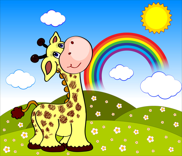 paisagem de desenhos animados com girafa e arco-íris