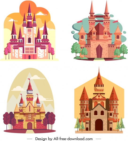 modelos de castelo ícones coloridos de design clássico