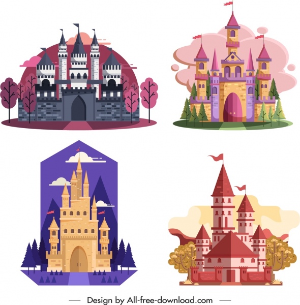 modelos de ícones do castelo liso colorido ornamento projeto vintage