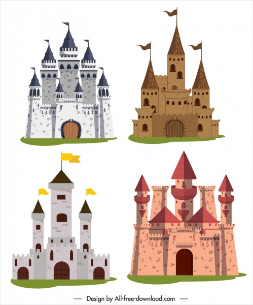 castelos ícones coloridos vintage esboço
